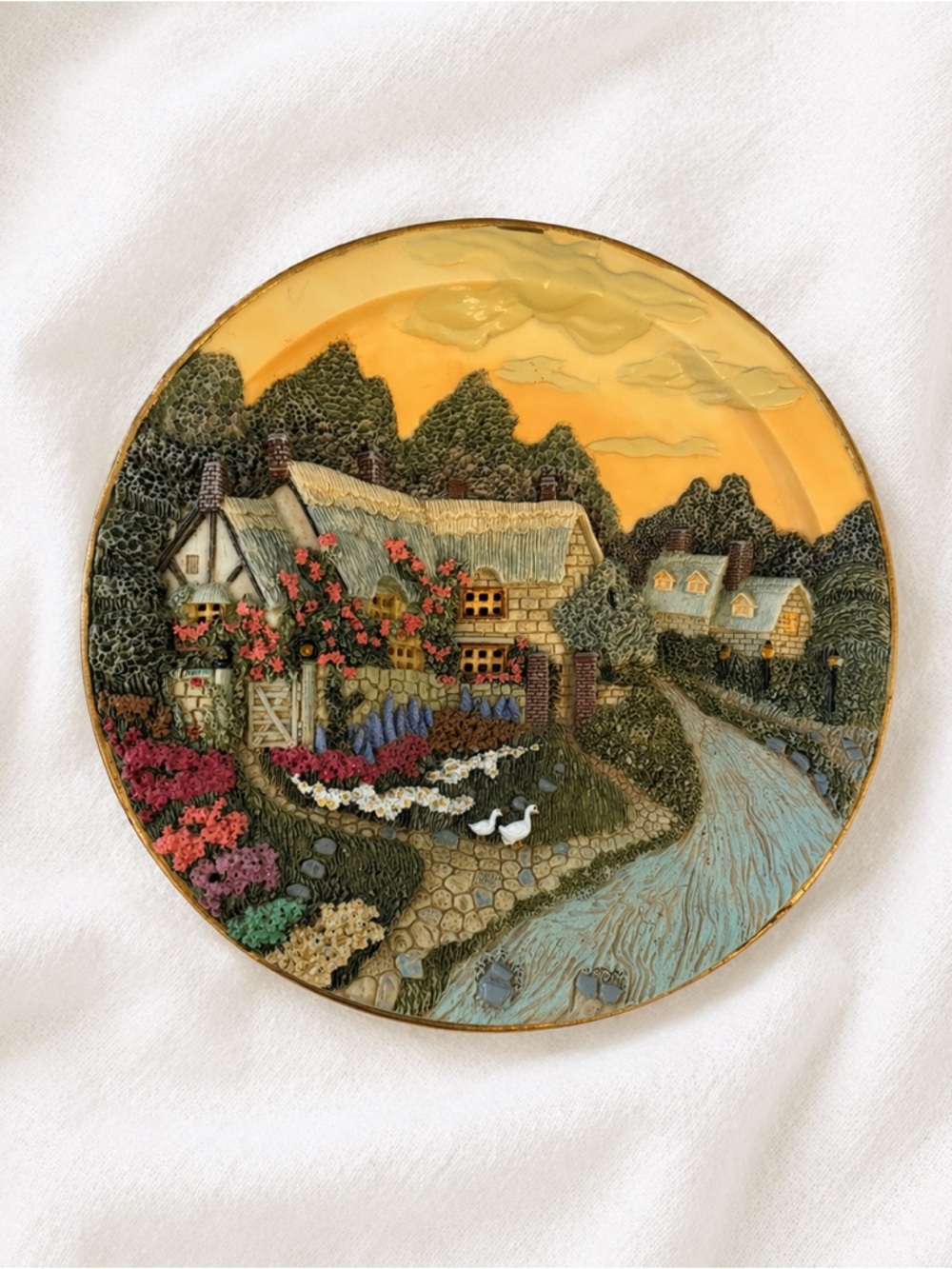 Vintage 90s electric plug in light -Painted Cottage Scene Decorative
